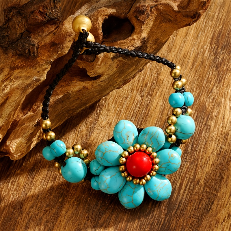 Adjustable Turquoise Flower Bracelet Vintage Inspired with Stone Beads